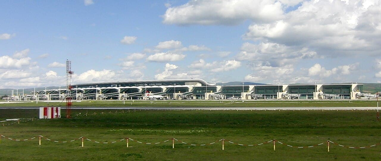 Terminal building at Esenboğa Airport, seen from the airfield.