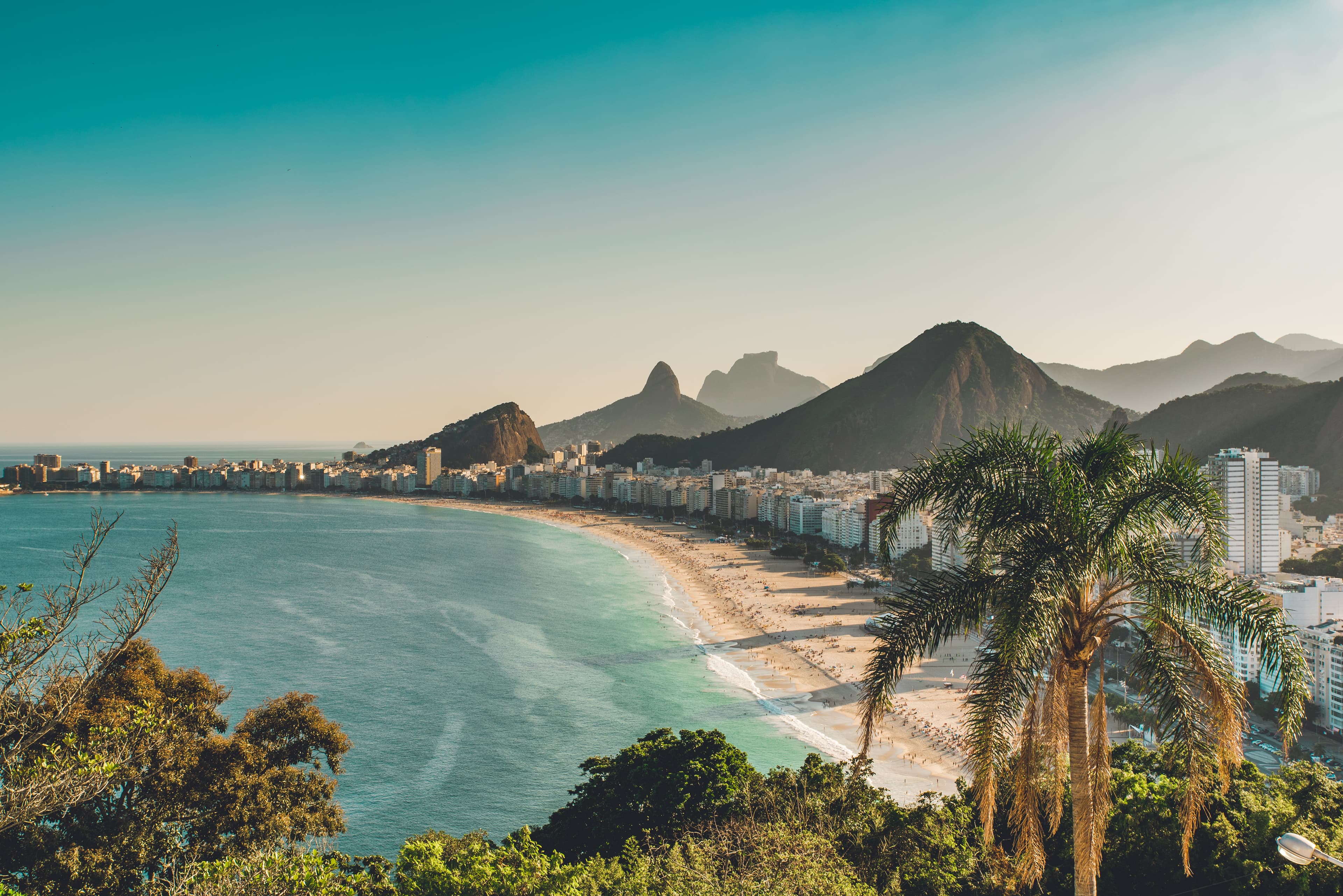 Copacabana beach, curved shoreline and mountains in Rio de Janeiro in June 2019