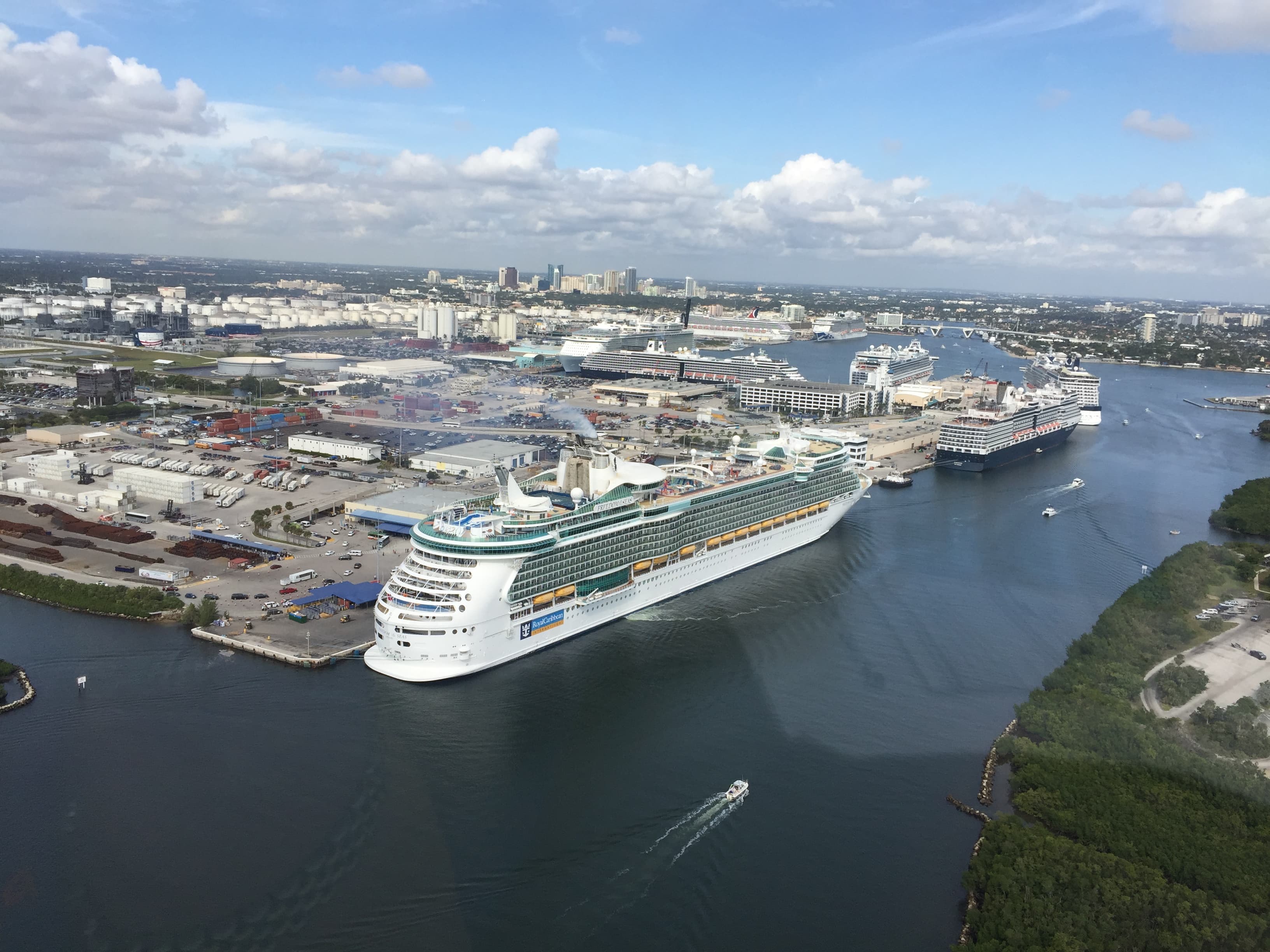 Aerial view of cruise ships and terminals at Port Everglades in Fort Lauderdale