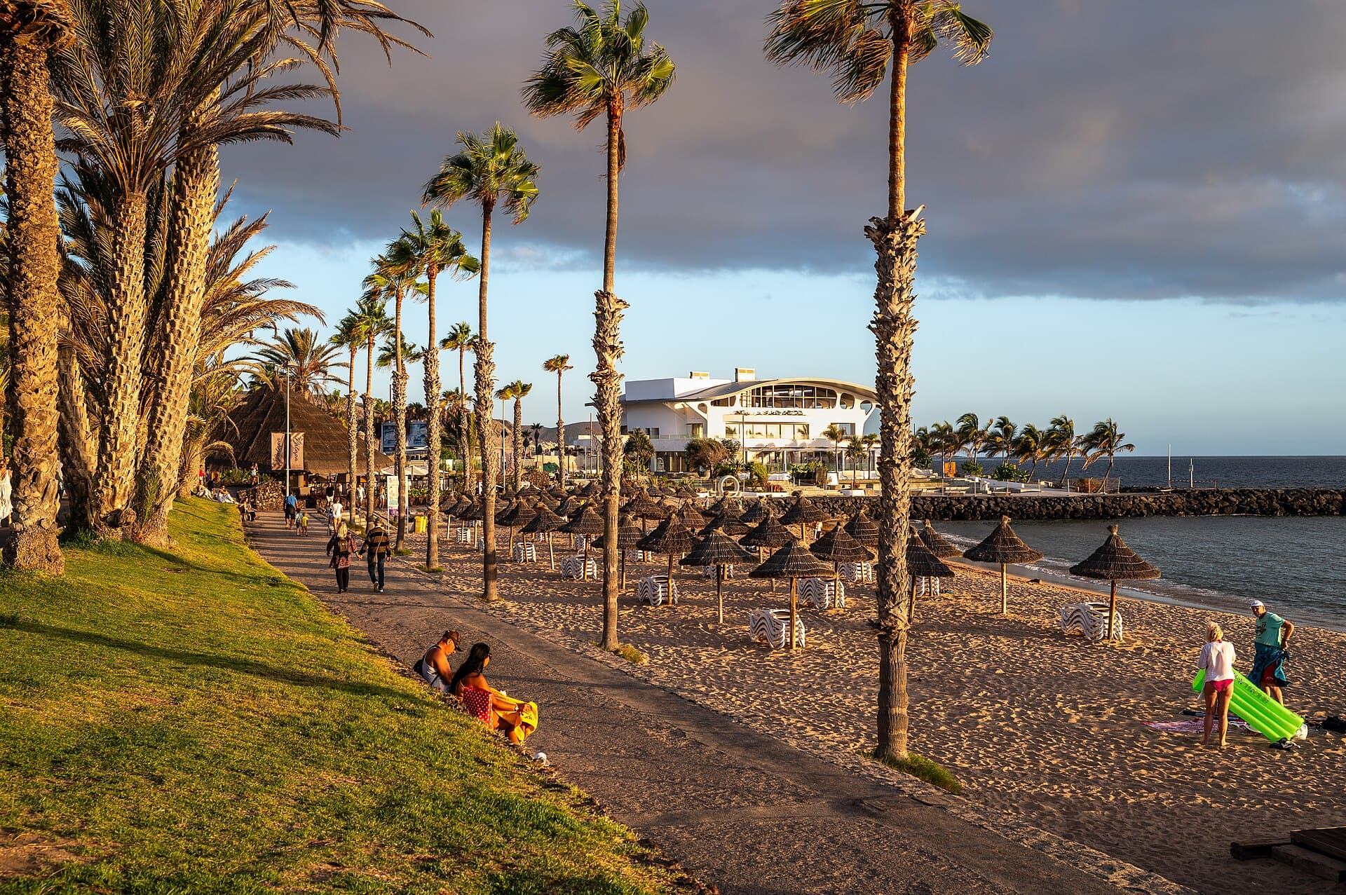 Palm trees, beach umbrellas and the promenade at Playa del Camisón in Playa de las Américas in golden evening light.