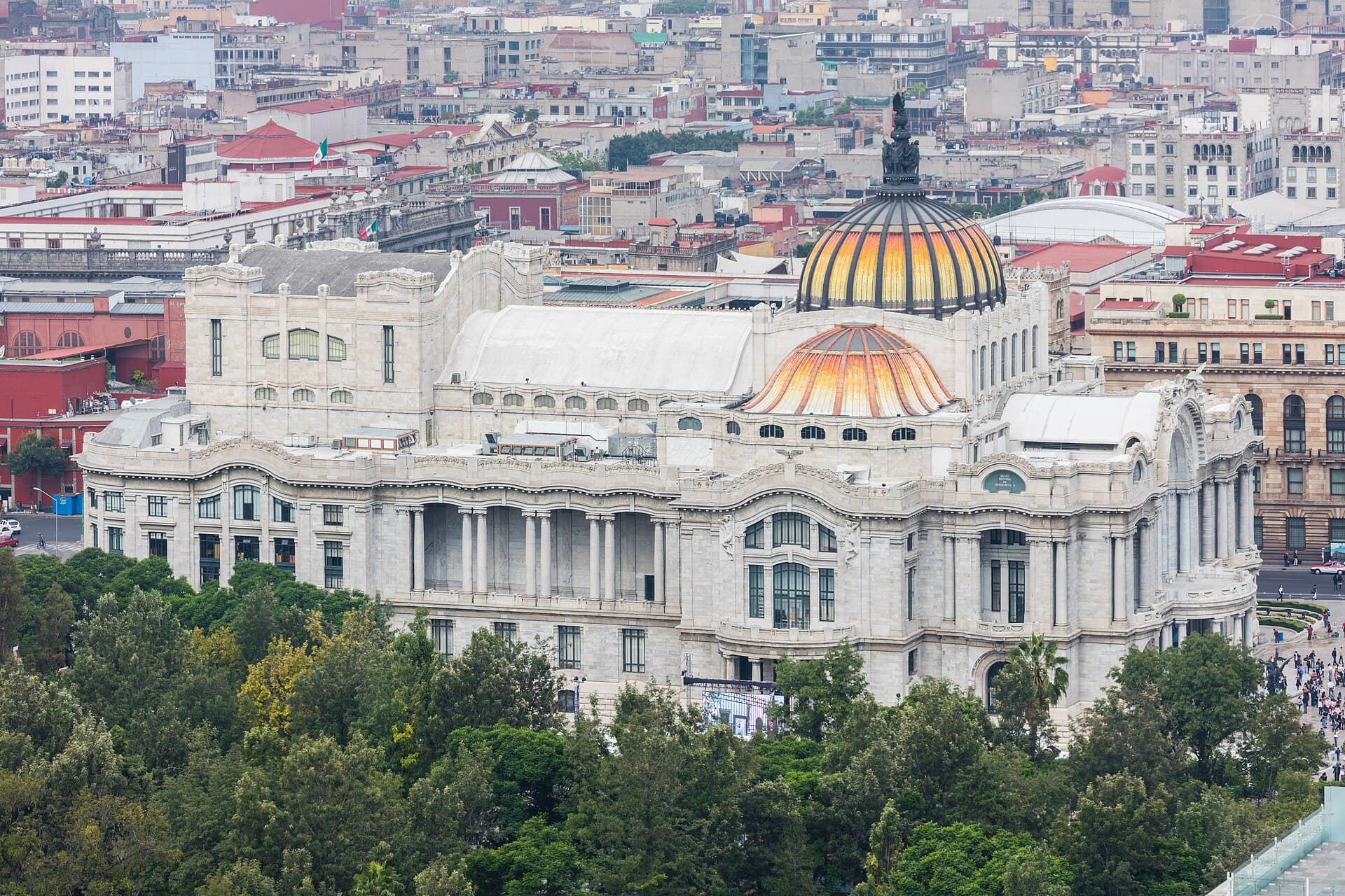 Palacio de Bellas Artes and its orange and gold domes in central Mexico City.
