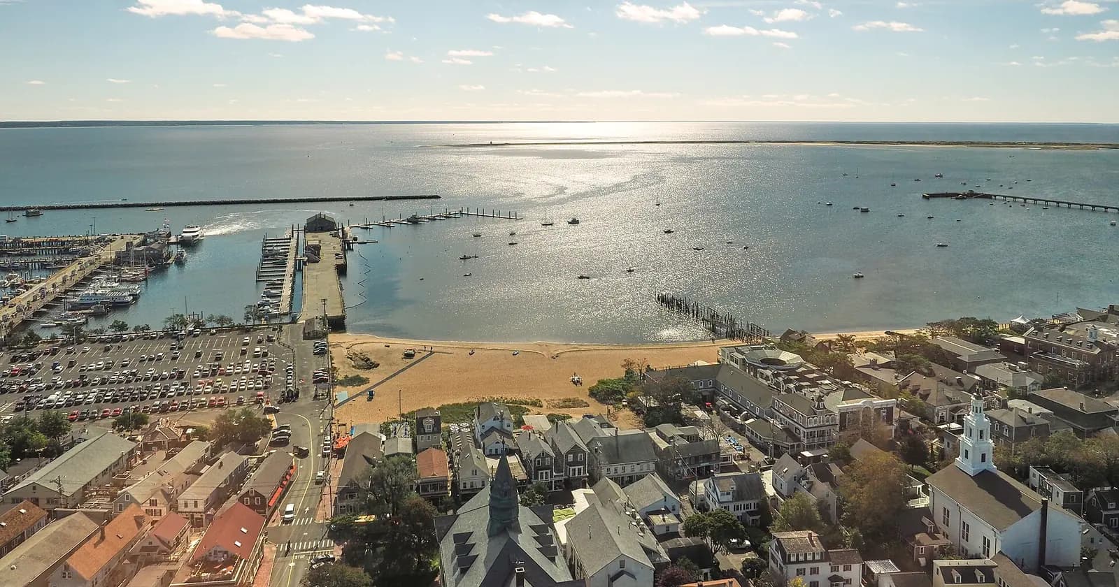 Provincetown rooftops, piers and harbour viewed from Pilgrim Monument