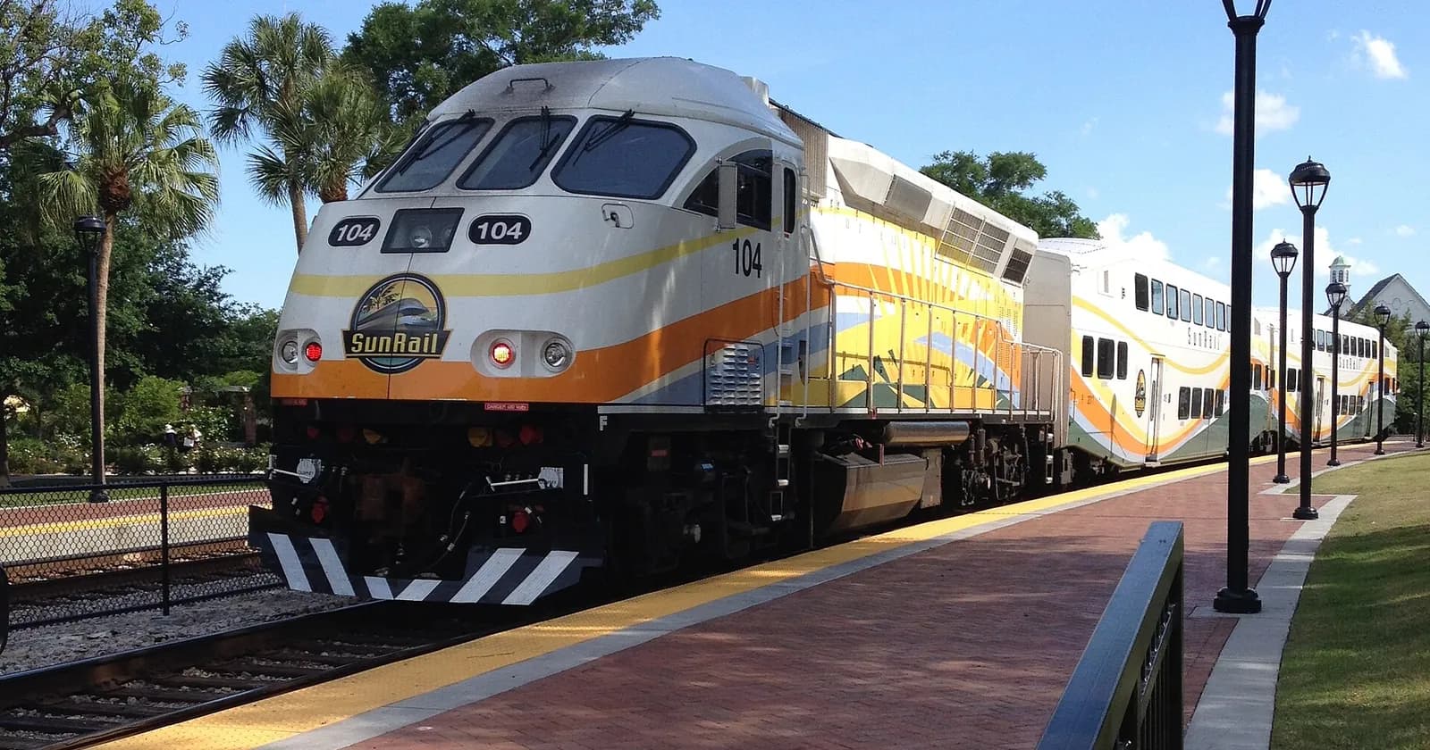 A SunRail train beside the platform at Winter Park station near Orlando
